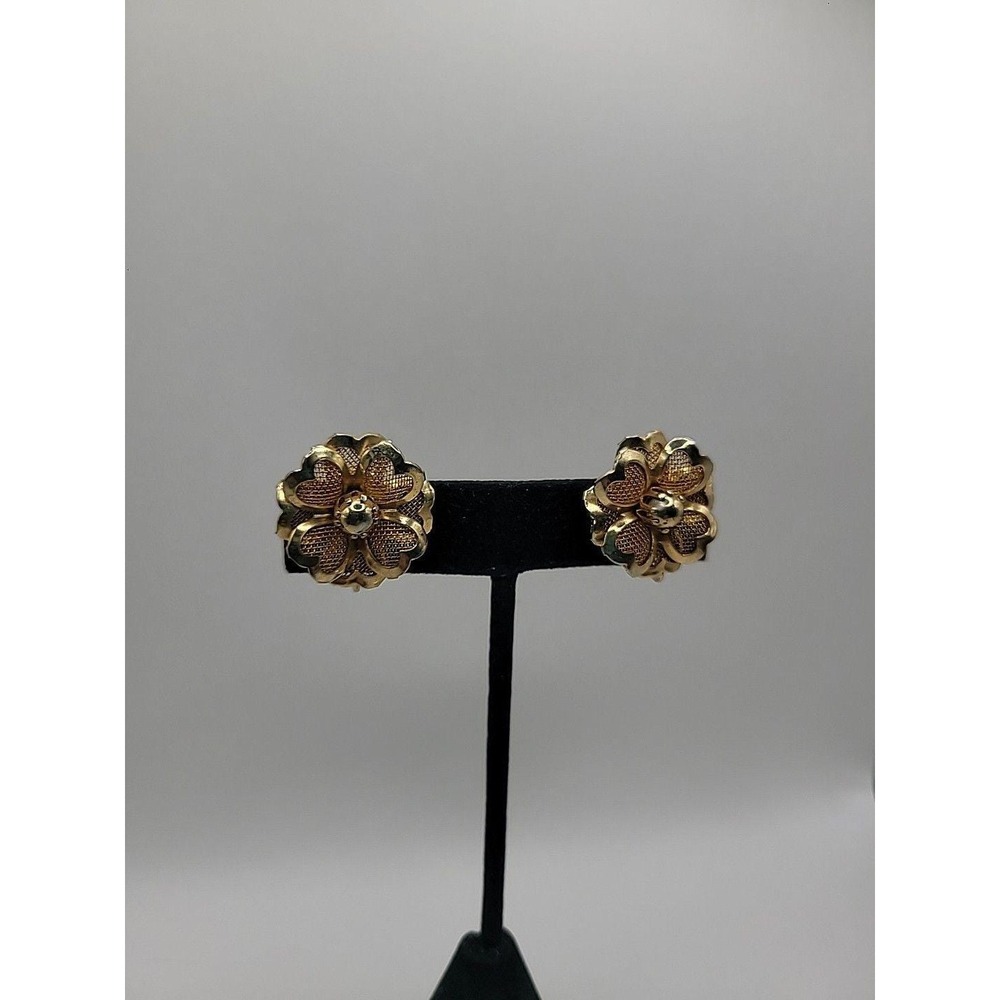 Vintage Coro Signed Gold Tone Floral Mesh Petal Clip On Statement Earrings Retro